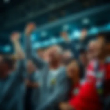 A diverse group of fans celebrating a victory during a game.