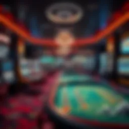 A virtual casino environment showcasing various gaming tables and slots